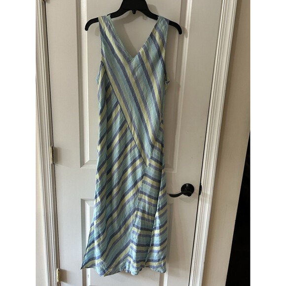 J. Jill Love Linen M Lotus Maxi Dress Striped Blue Green Resort Coastal Grandma - Picture 8 of 12